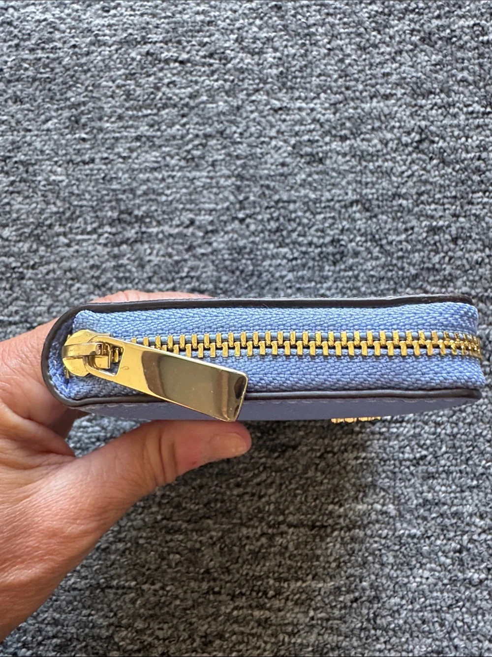Tory Burch Small Zip Wallet in Periwinkle Blue with Gold Logo
